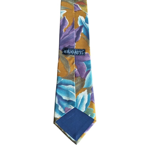 Vintage Bugatti Men’s 100% Italian Silk Tie Floral Iris Abstract Teal Purple Y2K - Picture 4 of 6